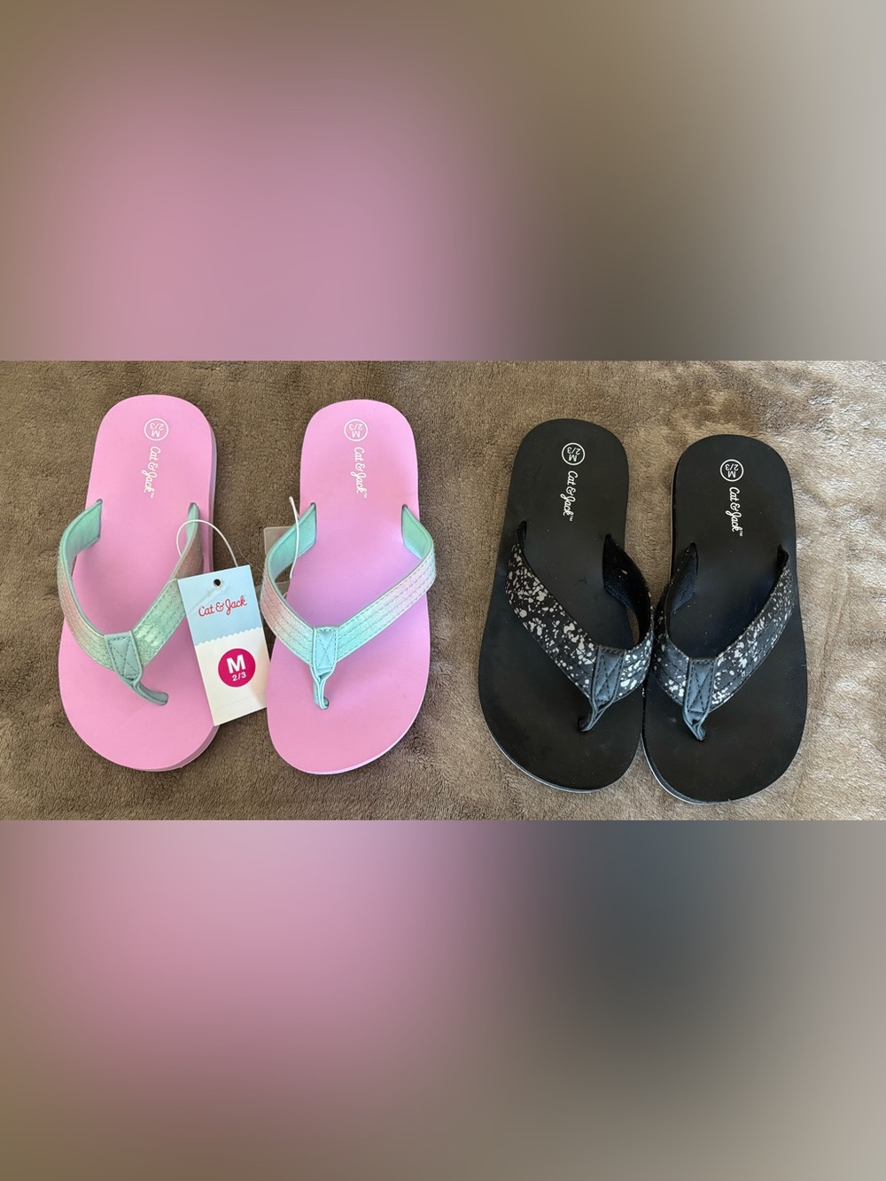 Cat & Jack Kids Lavendar/Mint and Black Flip Flop Bundle